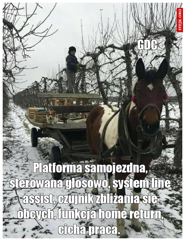Platforma samojezdna, sterowana głosowo, system line assist, czujnik zbliżania się obcych, funkcja home return, cicha praca. 