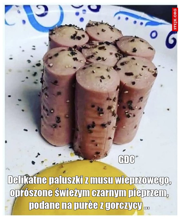 Delikatne paluszki z musu wieprzowego, oprószone świeżym czarnym pieprzem, podane na purèe z gorczycy ...